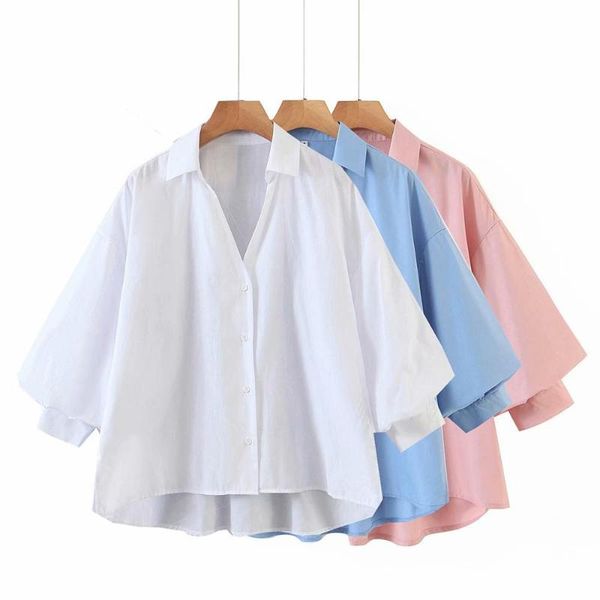 

women's blouses & shirts 2021 autumn women solid button long lantren sleeve turn-down collar shirt female fashion casual woman clothes, White