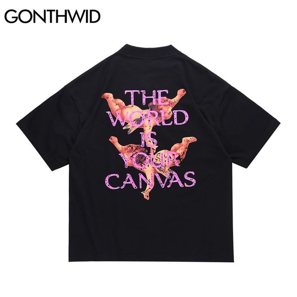 

t-shirts hip hop cartoon angels print tees shirts streetwear men harajuku fashion summer casual loose short sleeve 210602, White;black