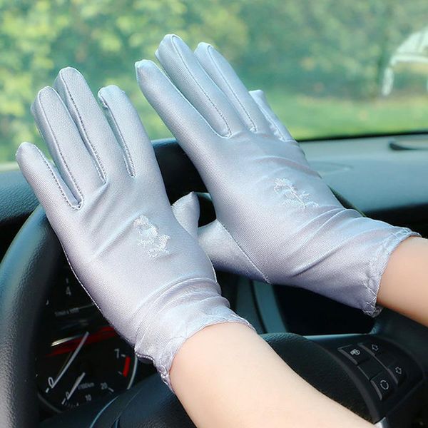 

five fingers gloves fashion stretchable satin breathable ladies summer sun uv protection wrist flower dot pattern, Blue;gray