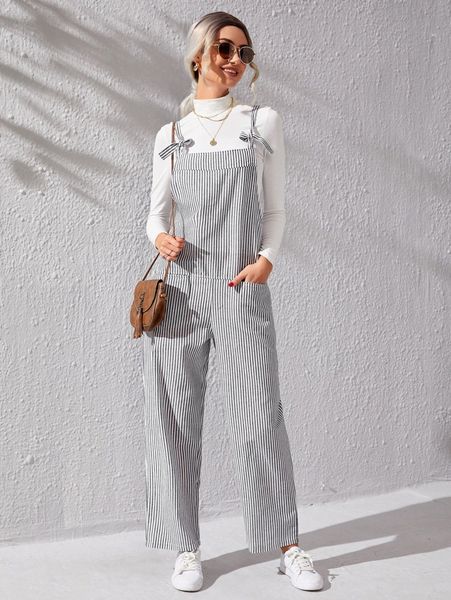 

emery rose striped knot detail patched pocket overall jumpsuit l43q#, White