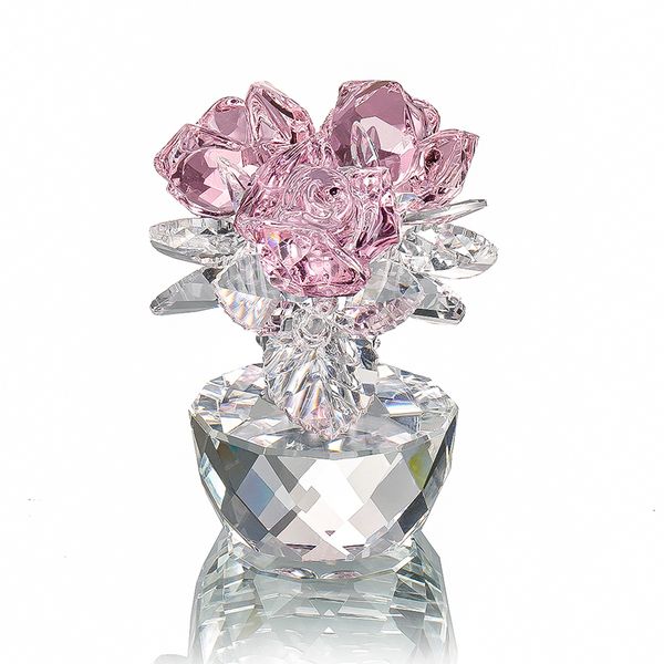 HD кварцевый кристалл три розы ремесло букет цветов фигурки орнамент дома свадебные вечеринки декор сувенирный любовник подарки (розовый) 210318
