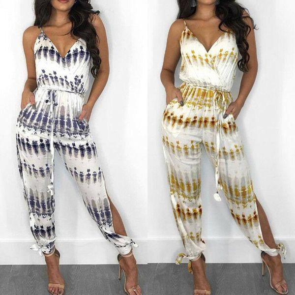

women's jumpsuits & rompers 2021 fashion women spaghetti strap printed bandage jumpsuit v-neck romper trousers pants casual female clot, Black;white