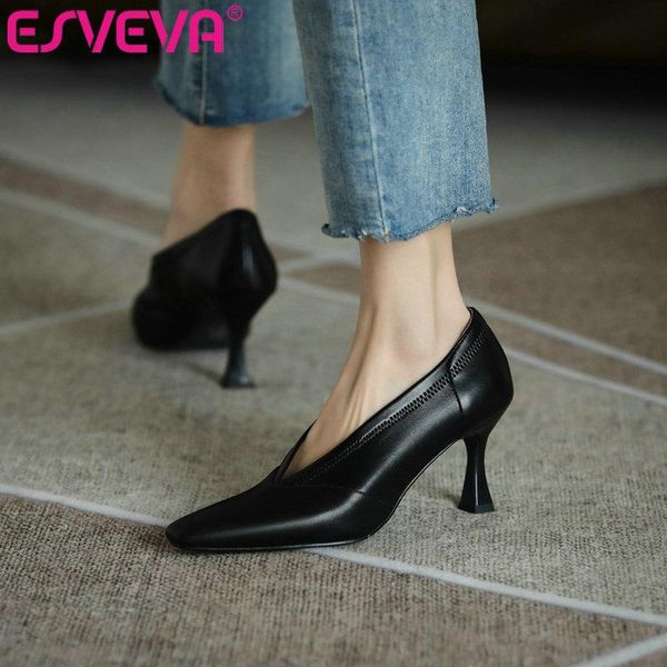 

dress shoes esveva 2021 hoof high heels spring autumn pointed toe slip on female genuine leather microfiber women pumps size 34-39, Black