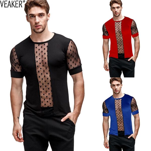 

men's mesh transparent t shirt male slim fit polka dot printed summer short sleeve see through, White;black