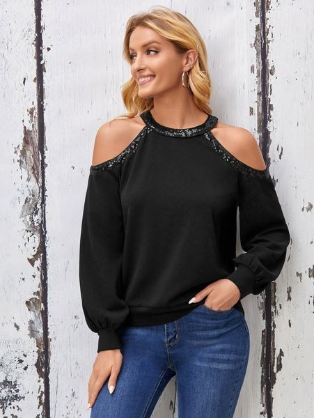 

emery rose contrast sequin cold shoulder pullover b7zl#, White;black
