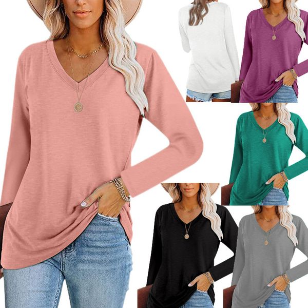 

autumn and winter 2021 new women's v-neck pullover long sve t-shirt medium length loose fitting, White