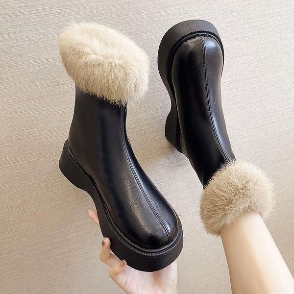

boots fhanchu women snow boots,2021 thick sole warm winter shoes,waterproof plush fur botas,round toe,black,khaki,black,drop