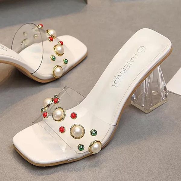 

slippers women's shoes peep-toe transparent pvc pearl decoration high heels crystal chunky heel fashion outdoor mules, Black