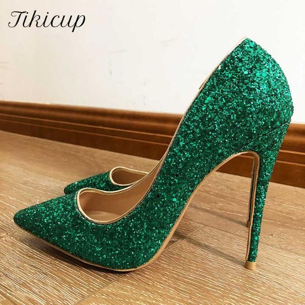 

dress shoes tikicup green women glitter pointed toe stilletto pumps ladies sparkly party high heels shiny wedding 8cm 10cm 12cm, Black