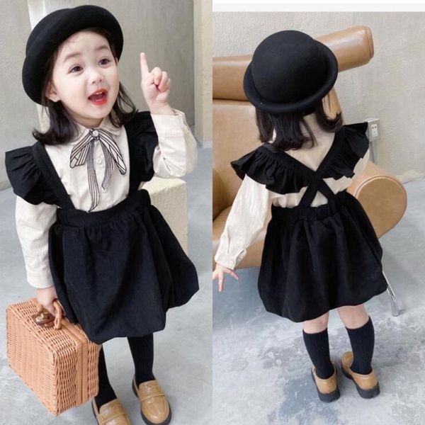 

clothing sets girls long-sleeved dress suit 2021 spring autumn casual pure cotton shirt + strap 2pcs, White