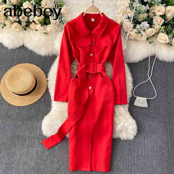 

korean chic women dress autumn retro turn-down collar button slim es design fashion split streetwear 210512, Black;gray