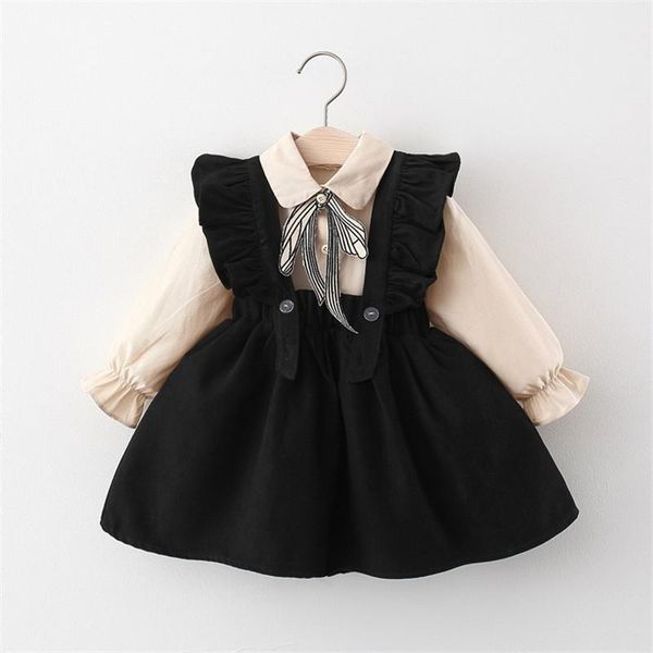 

girl's dresses autumn children kids bowtie lapel collar shirts blouse + ruffles sundress princess party girls dress baby 2pcs clothes v, Red;yellow