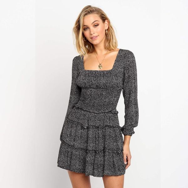 

casual dresses long sleeve floral dress, Black;gray