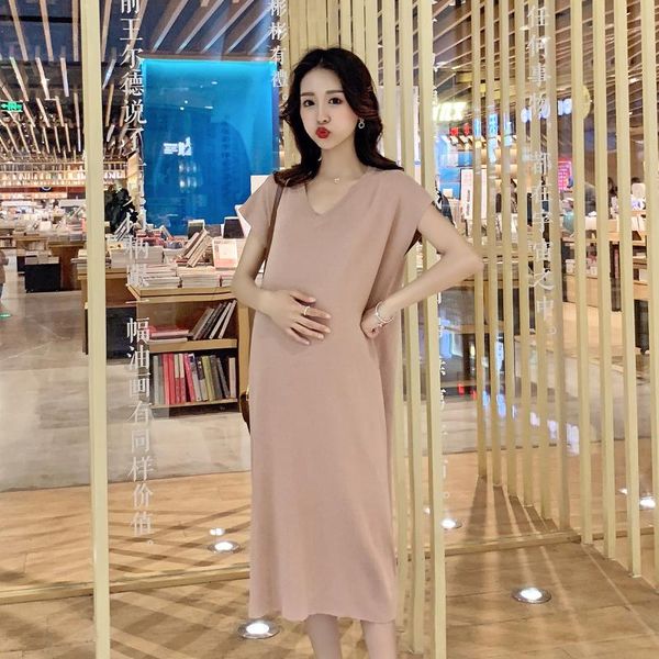 

summer korean version loose fashion solid plus size pregnant women v-neck dress maternity clothes dresses, White