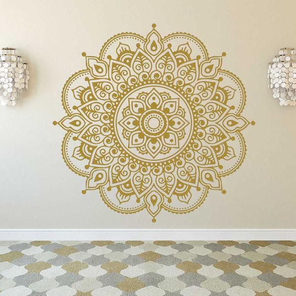 Adesivos de parede de mandala de ouro para sala Bohemian estilo mandala lótus decalque flor arte yoga decalques de estúdio adesivo HY332 210705