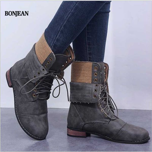 

boots bonjean fall/winter 2021 handsome ankle for women's european and american large-size lace-up mid-leg, Black