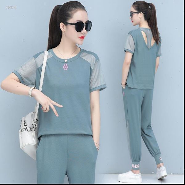 

blue lace short sleeve two womens tracksuits piece suit summer outfits loose hollow style casual wear 2 pants sets, Gray