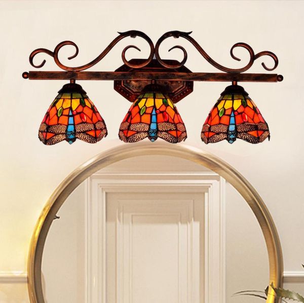 

retro red dragonfly tiffany stained glass bathroom mirror headlight american style corridor bar three head wall lamp