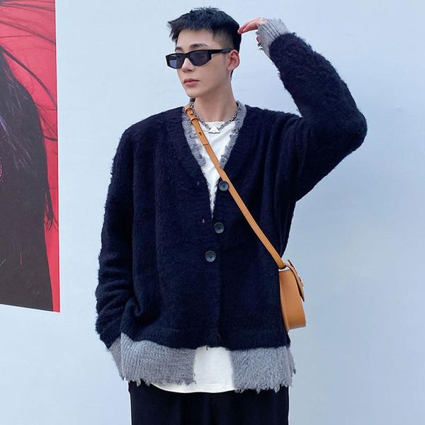 

men's sweaters wear knitted sweater loose v-neck fake two pieces cardigan coat 2021 autumn warm for male, White;black