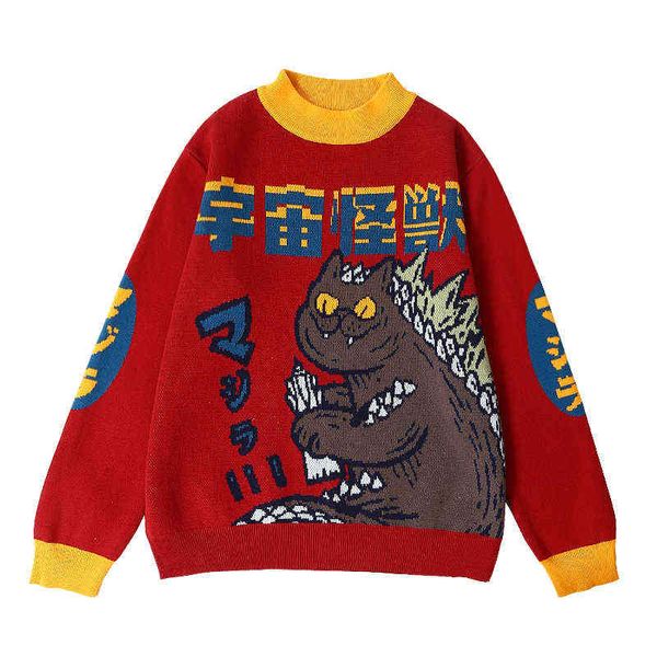 

harajuku fashion knitted women sweater red cartoon monster embroidery casual sweater coat loose retro outwear pullover sweater 211109, White;black