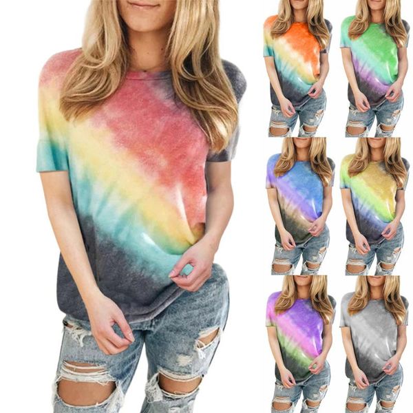 

women color block tee shirts round neck short sleeve casual tie-dye summer rainbow gradient tunic clothing t-shirts 2021 women's t-shi, White