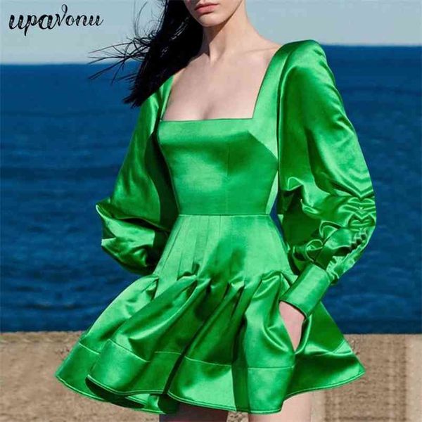 

chic women's green mini dress square neck puff sleeve bodycon draped a-line club party vestido 210524, Black;gray