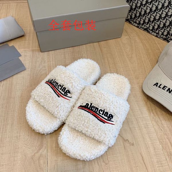 

2021 paris autumn one line embroidered with coke letters flat slippers lamb wool, Black