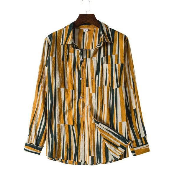 

men's casual shirts mens fashion green striped print lapel chest pocket men cotton long sleeve button up shirt blouse, White;black