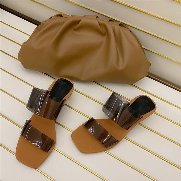 

2021summer women transparent crystal heels slippers female fashion square toe slides ladies casual outside, Black