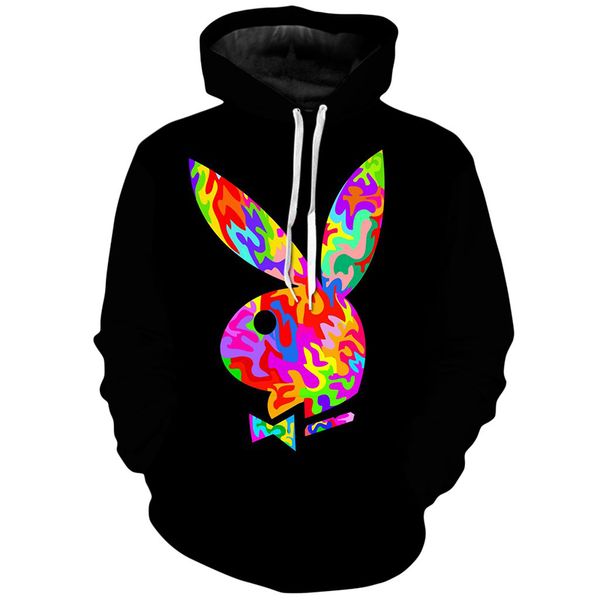 

rainbow rabbit design men's 3d printing hoodie visual impact party punk gothic round neck sweatshirt hoodie, Black