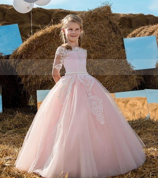 

girl's dresses princess puffy wedding party gown ceremony lace applique tulle flower girl dress corset back pography, Red;yellow