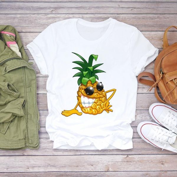 

cartoon funny cute print womens summer pineapple fruit camisa graphic tee, White