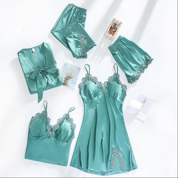 

dressing gown 5piece women sleepwear pajamas set lace sling shorts summer robe silk satin, Black;red