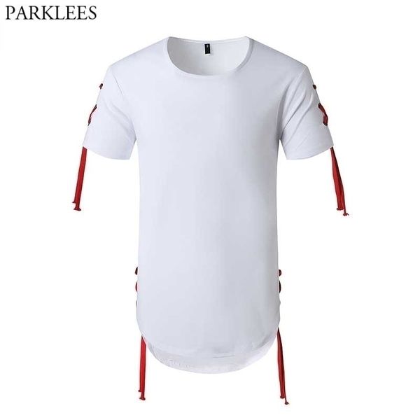 

hip hop white longline t-shirts men brand short sleeve slim fit tee shirt homme casual harajuku streetwear tshirt male 210522, White;black