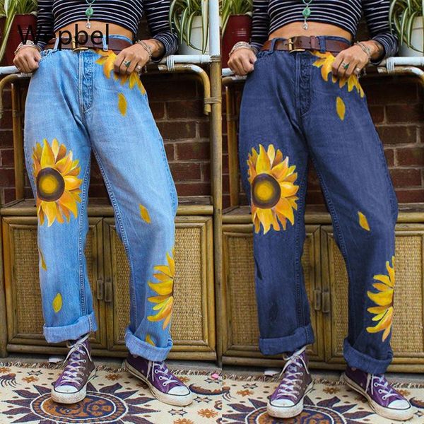 

2021 autumn women jeans pants street straight sun printed large chrysanthemum women's fashion denim trousers & capris, Black;white