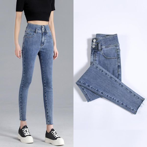 

tongsihai jeans women ladies high waist skinny stretch girls students cotton denim ankle-length pencil pants women's, Blue