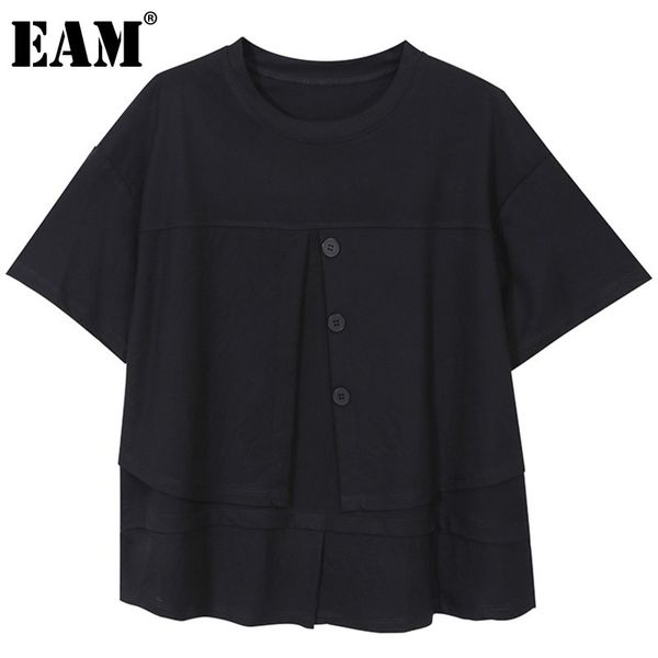 [EAM] Frauen Schwarz Weiß Große Größe = Einreiher T-shirt Lose Rundhals Kurzarm Mode Sommer 1DD6492 21512
