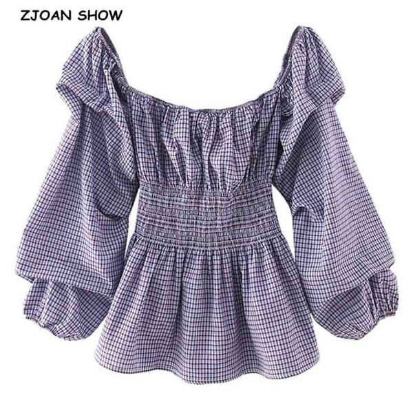 

spring elastic off shoulder gingham check plaid women shirt holiday big lantern sleeve slim ruched waist blouse boho 210429, White