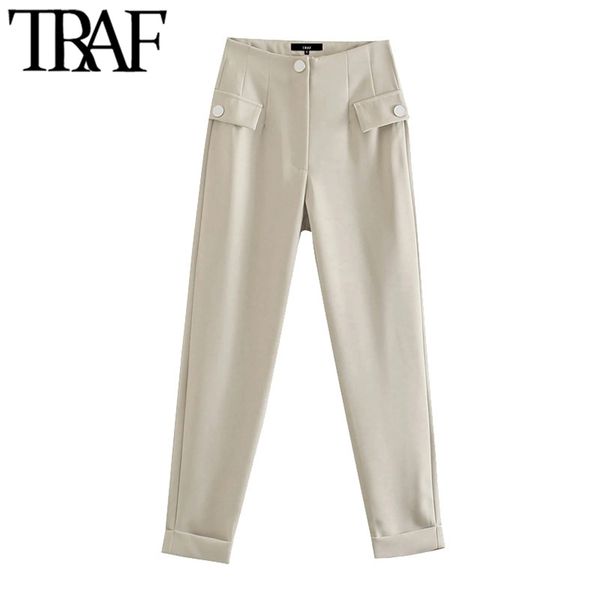 

women chic fashion with buttoned pockets straight pants vintage high waist zipper fly female trousers mujer 210507, Black;white