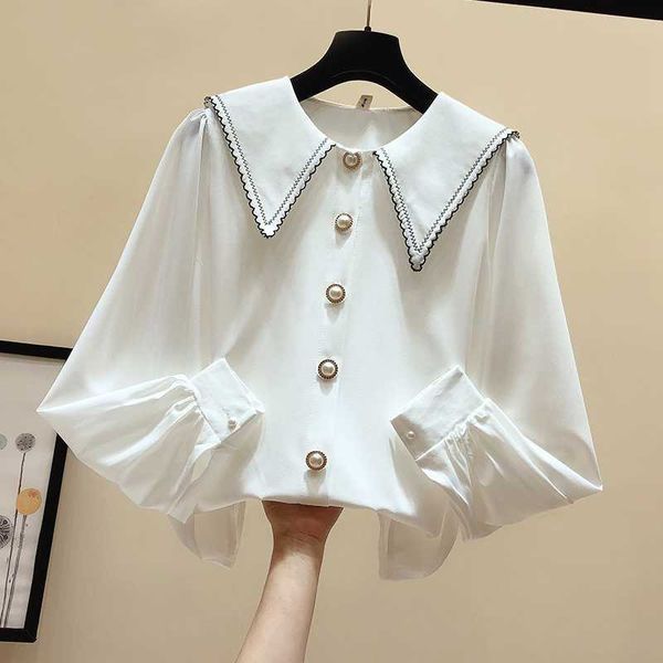 

autumn winter puff sleeve peter pan collar solid blouse women's chiffon shirt 210615, White