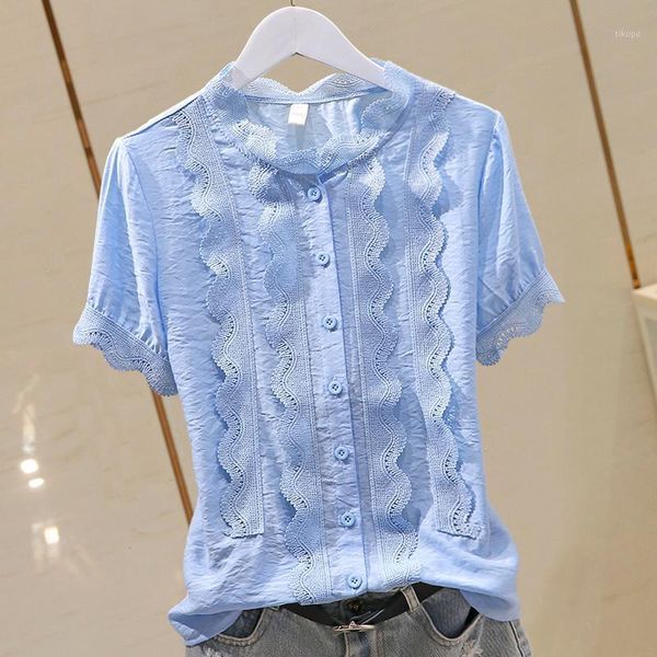 

women's blouses & shirts fashion design patchwork lace cotton women all match solid blue o-neck office lady elegant outwear 1, White