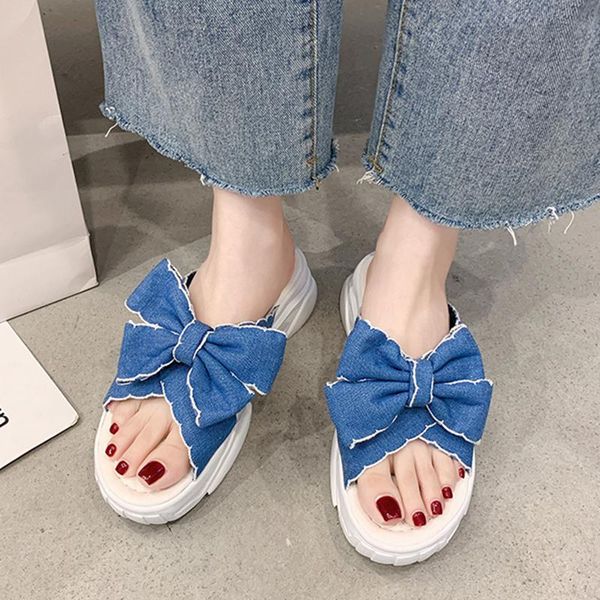 

slippers rimocy fashion blue bowknot summer women open toe thick bottom platform sandals woman comfortable soft beach flip flops, Black