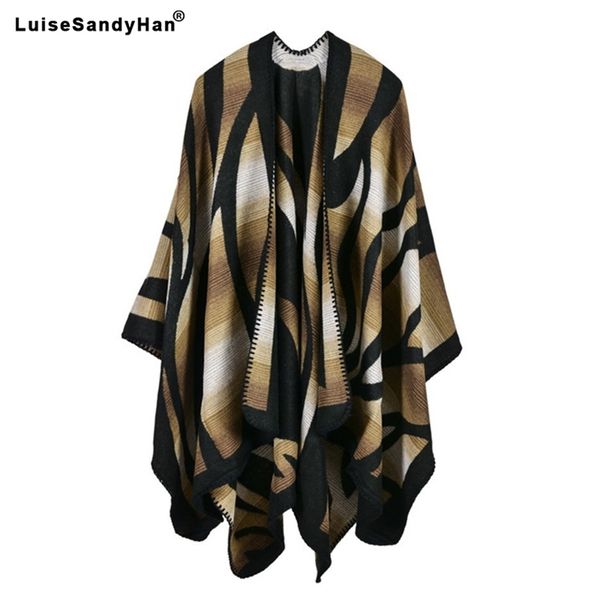 

oversize deversible women winter knitted cashmere poncho capes shawl cardigans sweater coat 211018, White;black