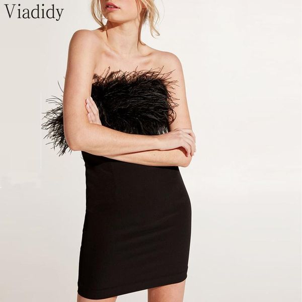 

ladies sleeveless feather backless wrapped slim mini dress women chic strapless skinny black party casual dresses, Black;gray