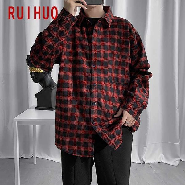 Ruihuo Casual Vermelho Vermelho Camisa xadrez Homens Slim Fit Algodão Macho Manga Longa Camisas Brand Plus Size M-5XL Primavera 210721