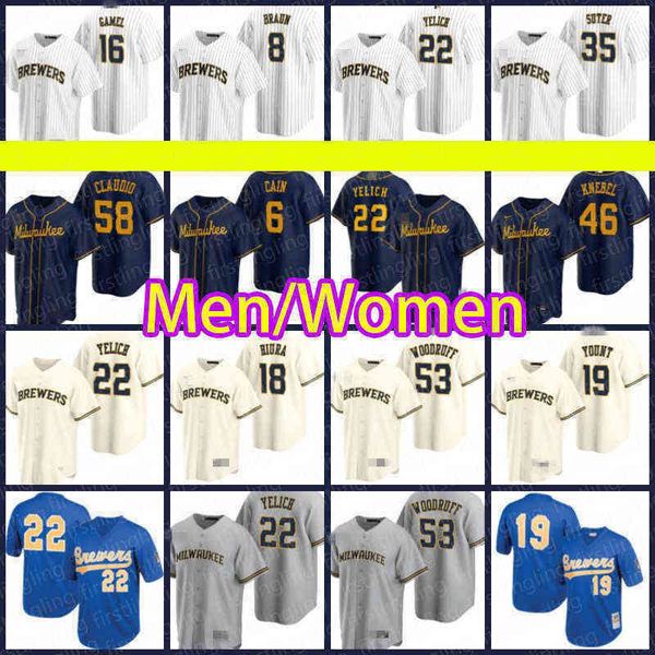 

milwaukee 22 christian yelich brewers jerseys 19 robin yount 6 lorenzo cain brandon woodruff baseball keston hiura luis urias orlando arcia, Black