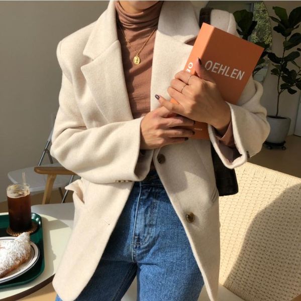 

fashion spring autumn woolen women jacket coat casual loose coats female vintage outerwear clothes women's wool & blends, Black