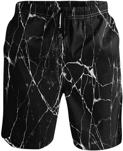 

black marble pattern men's swim trunks quick dry shorts with pockets, White;black