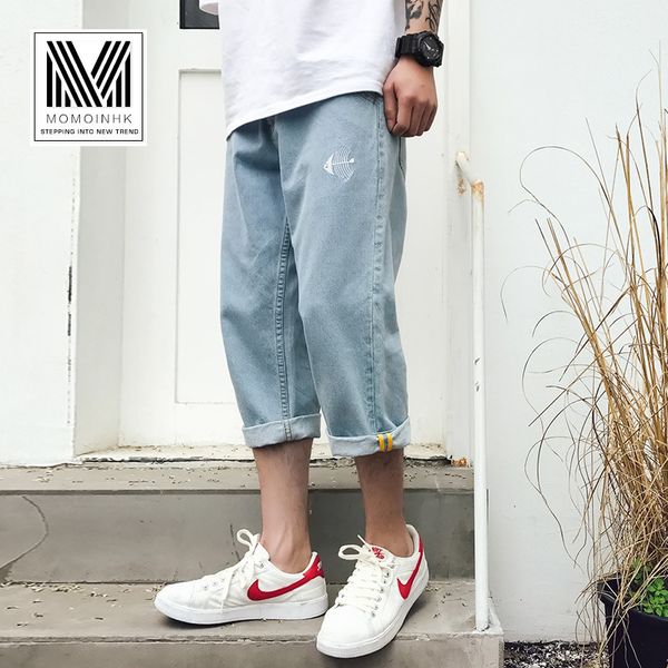 

men's jeans wholesale 2021 teenager cropped jeans mens shorts korean style loose straight wide leg pants fish bone embroidery 7qn9, Blue