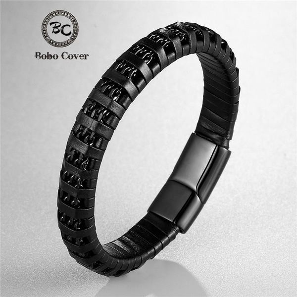 

tennis fashion black braided genuine leather bracelet men chain stainless steel magnetic clasp bracelets male jewelry gifts pulseras, Golden;silver